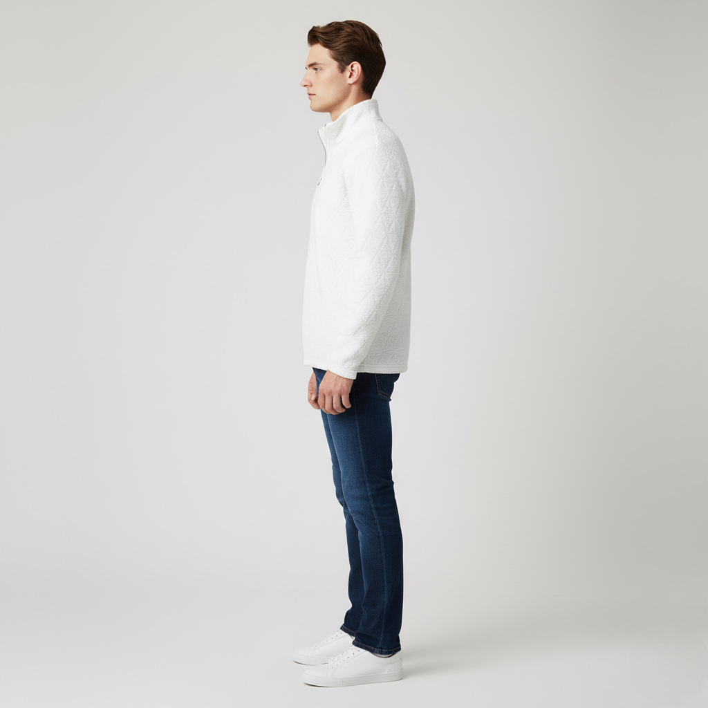 Men's White Quilted Texture Quarter-Zip Pullover Sweater