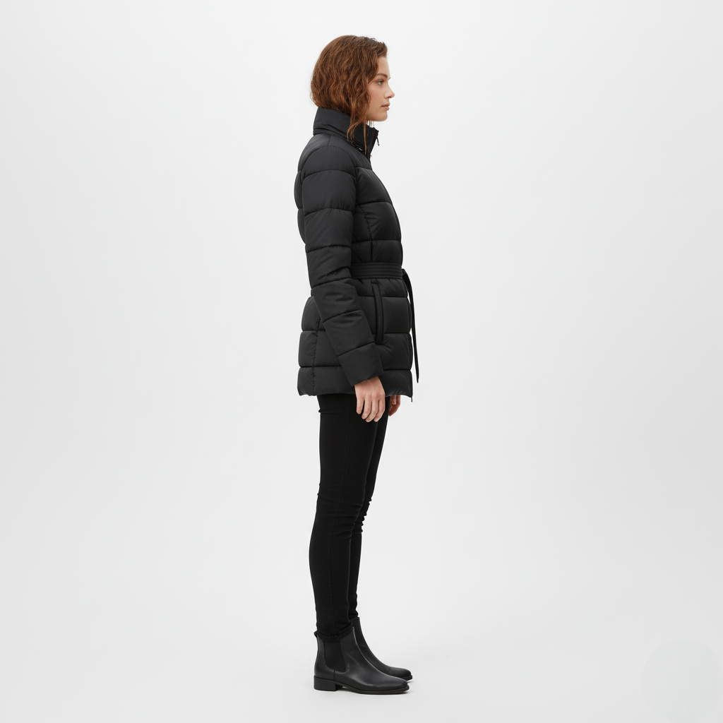 Women's Black Quilted Puffer Jacket with Belted Waist