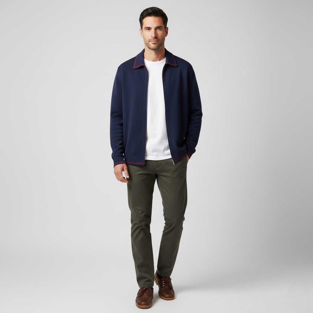 Men's Navy Full-Zip Knit Jacket with Contrast Collar