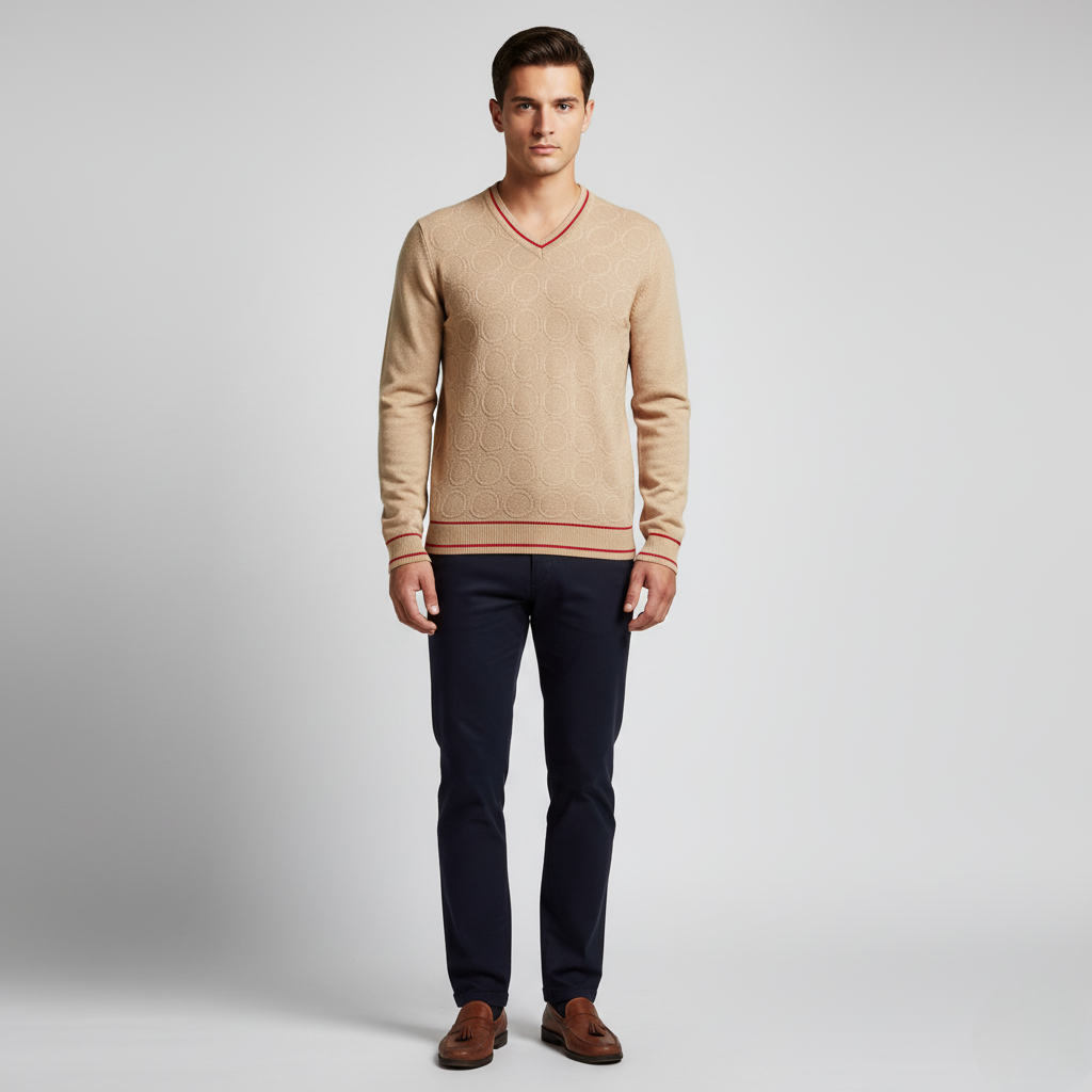 Men's Textured V-Neck Sweater with Contrast Trim