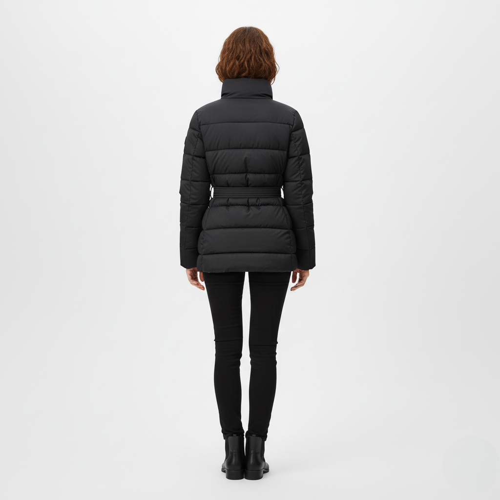 Women's Black Quilted Puffer Jacket with Belted Waist