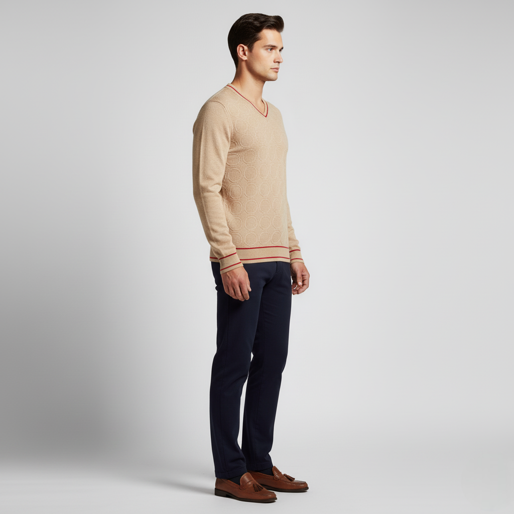 Men's Textured V-Neck Sweater with Contrast Trim